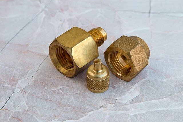 detail of brass hardware on wooden bookcase with warm light and green painted panel