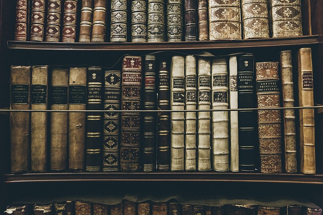 private library shelves with brass picture light, leather chair and warm fireplace glow